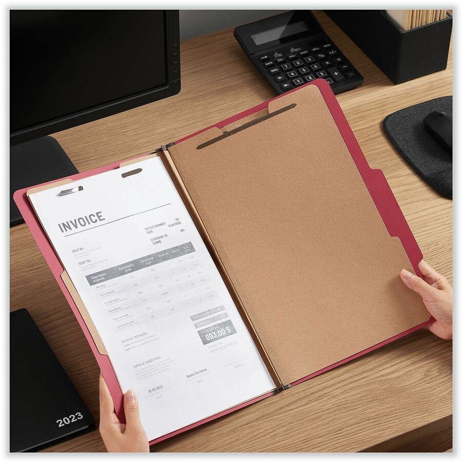 Bright Colored Pressboard Classification Folders, 2" Expansion, 2 Dividers, 6 Fasteners, Legal Size, Ruby Red, 10/Box