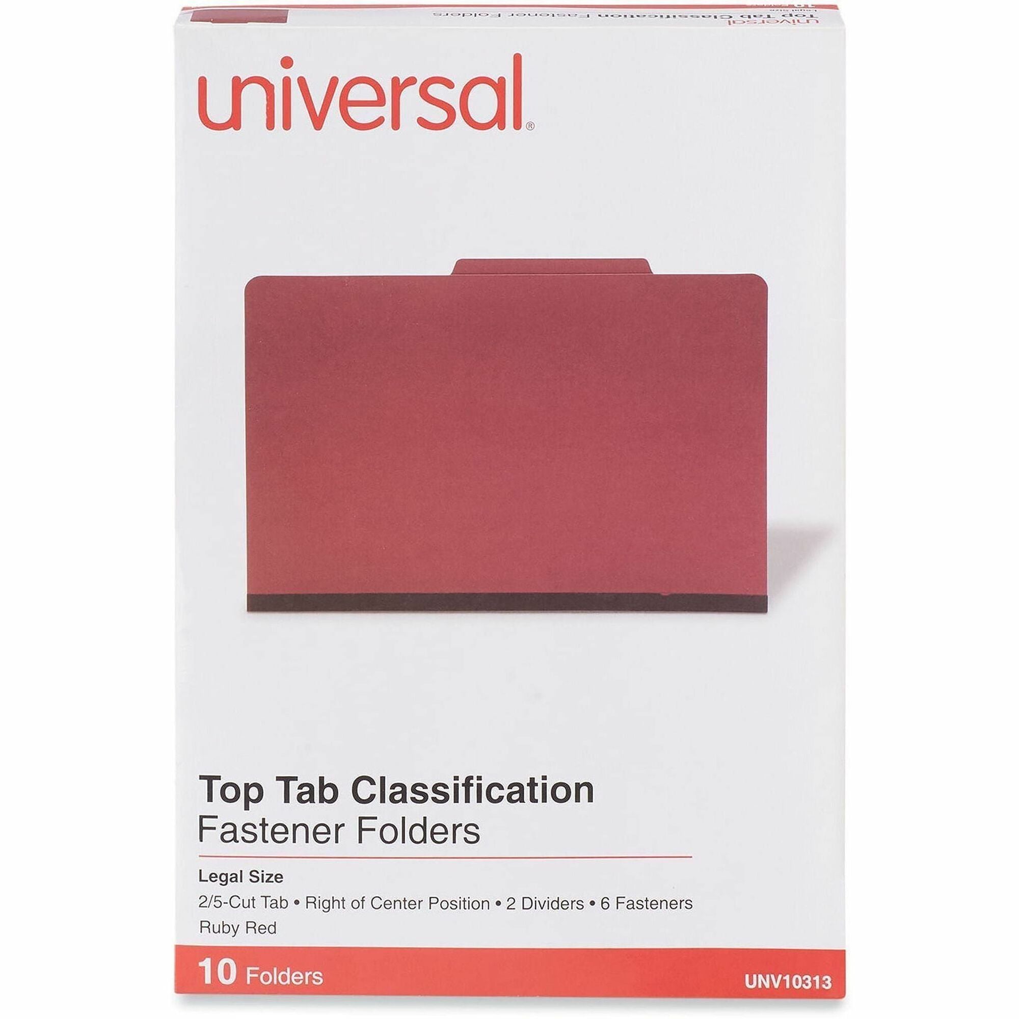 Bright Colored Pressboard Classification Folders, 2" Expansion, 2 Dividers, 6 Fasteners, Legal Size, Ruby Red, 10/Box