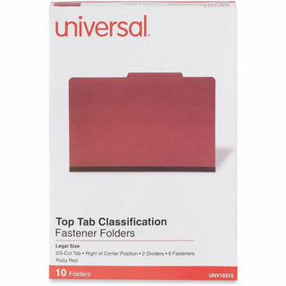 Bright Colored Pressboard Classification Folders, 2" Expansion, 2 Dividers, 6 Fasteners, Legal Size, Ruby Red, 10/Box