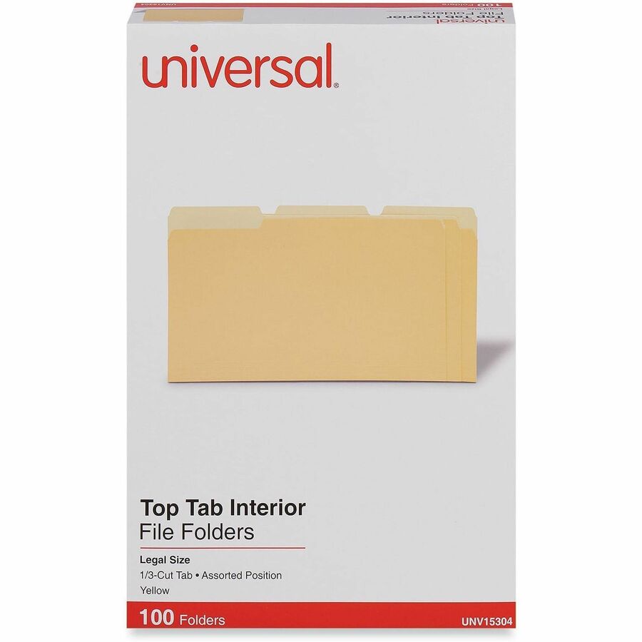 Interior File Folders, 1/3-Cut Tabs: Assorted, Legal Size, 11-pt Stock, Yellow, 100/Box