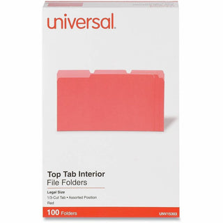 Interior File Folders, 1/3-Cut Tabs: Assorted, Legal Size, 11-pt Stock, Red, 100/Box