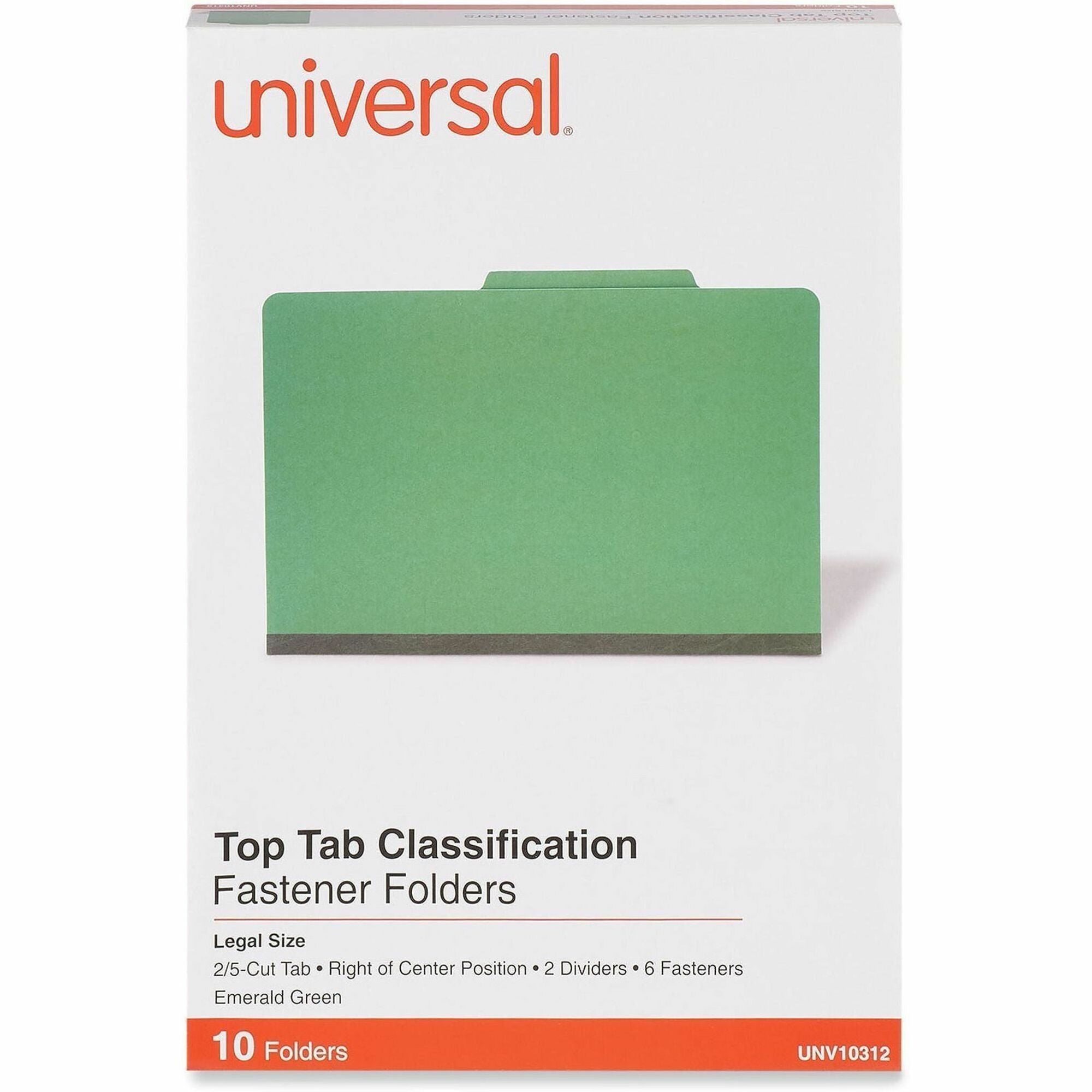 Bright Colored Pressboard Classification Folders, 2" Expansion, 2 Dividers, 6 Fasteners, Legal Size, Emerald Green, 10/Box