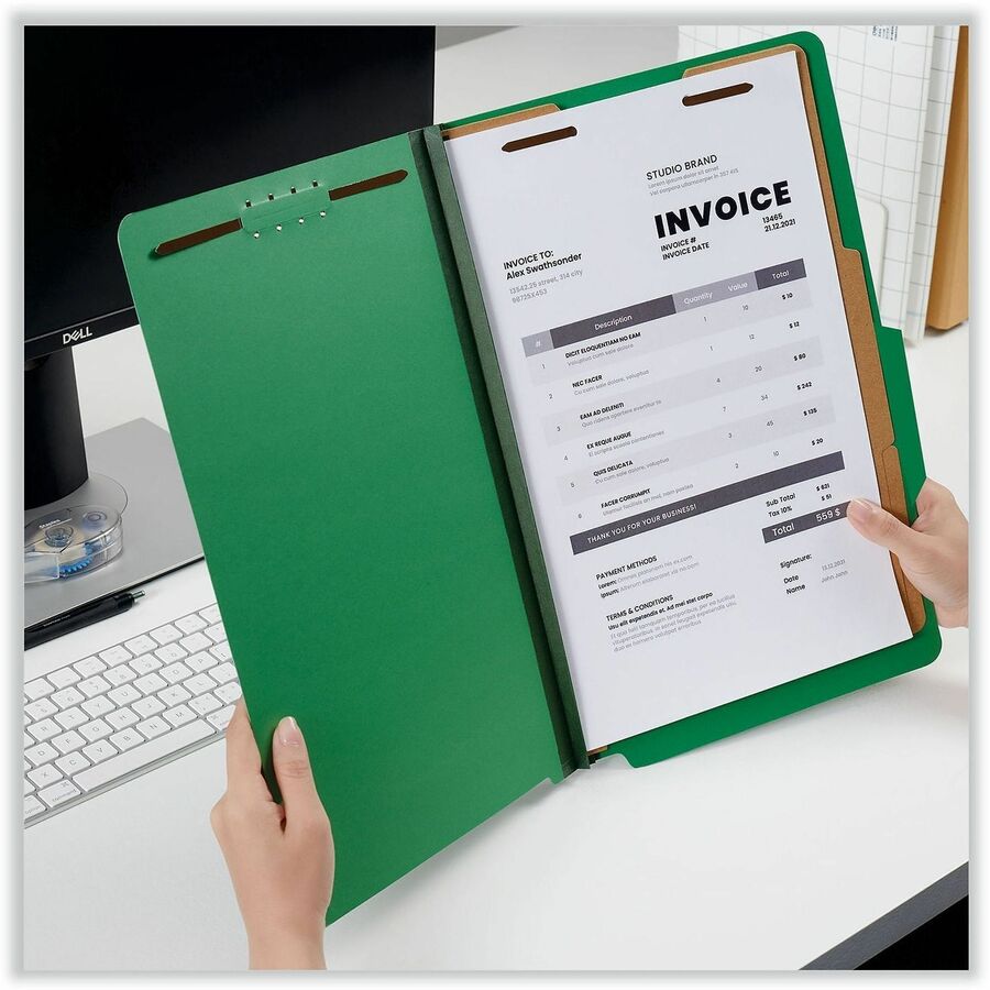 Bright Colored Pressboard Classification Folders, 2" Expansion, 2 Dividers, 6 Fasteners, Legal Size, Emerald Green, 10/Box
