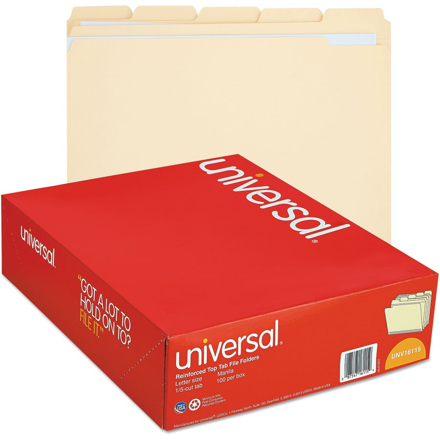 Double-Ply Top Tab Manila File Folders, 1/5-Cut Tabs: Assorted, Letter Size, 0.75" Expansion, Manila, 100/Box