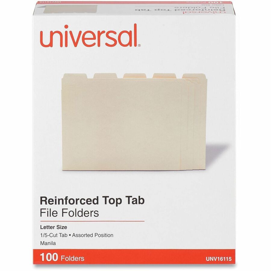 Double-Ply Top Tab Manila File Folders, 1/5-Cut Tabs: Assorted, Letter Size, 0.75" Expansion, Manila, 100/Box