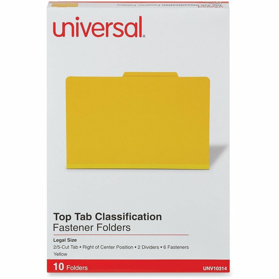 Bright Colored Pressboard Classification Folders, 2" Expansion, 2 Dividers, 6 Fasteners, Legal Size, Yellow Exterior, 10/Box