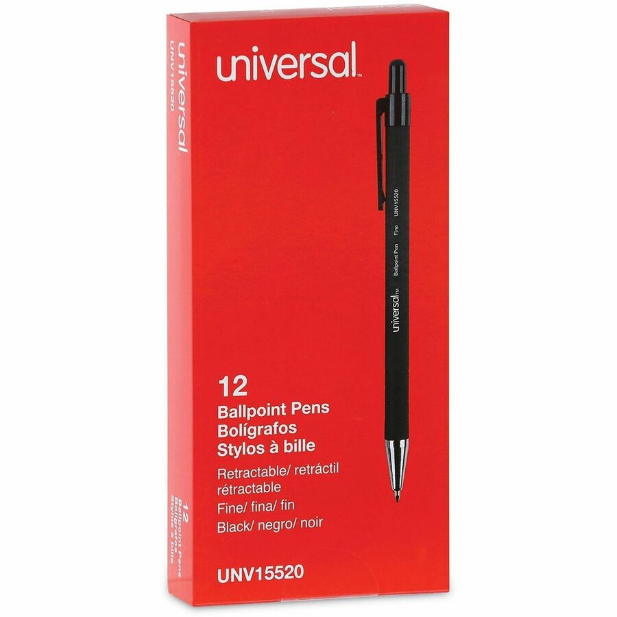 Ballpoint Pen, Retractable, Fine 0.7 mm, Black Ink, Black Barrel, Dozen