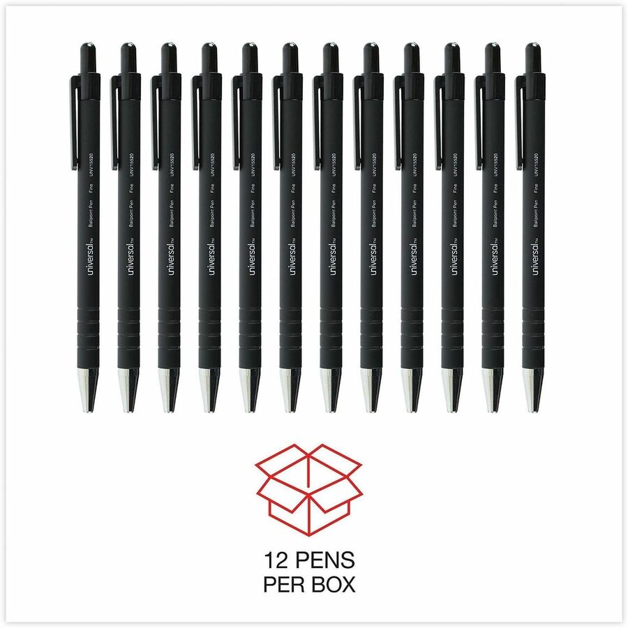 Ballpoint Pen, Retractable, Fine 0.7 mm, Black Ink, Black Barrel, Dozen