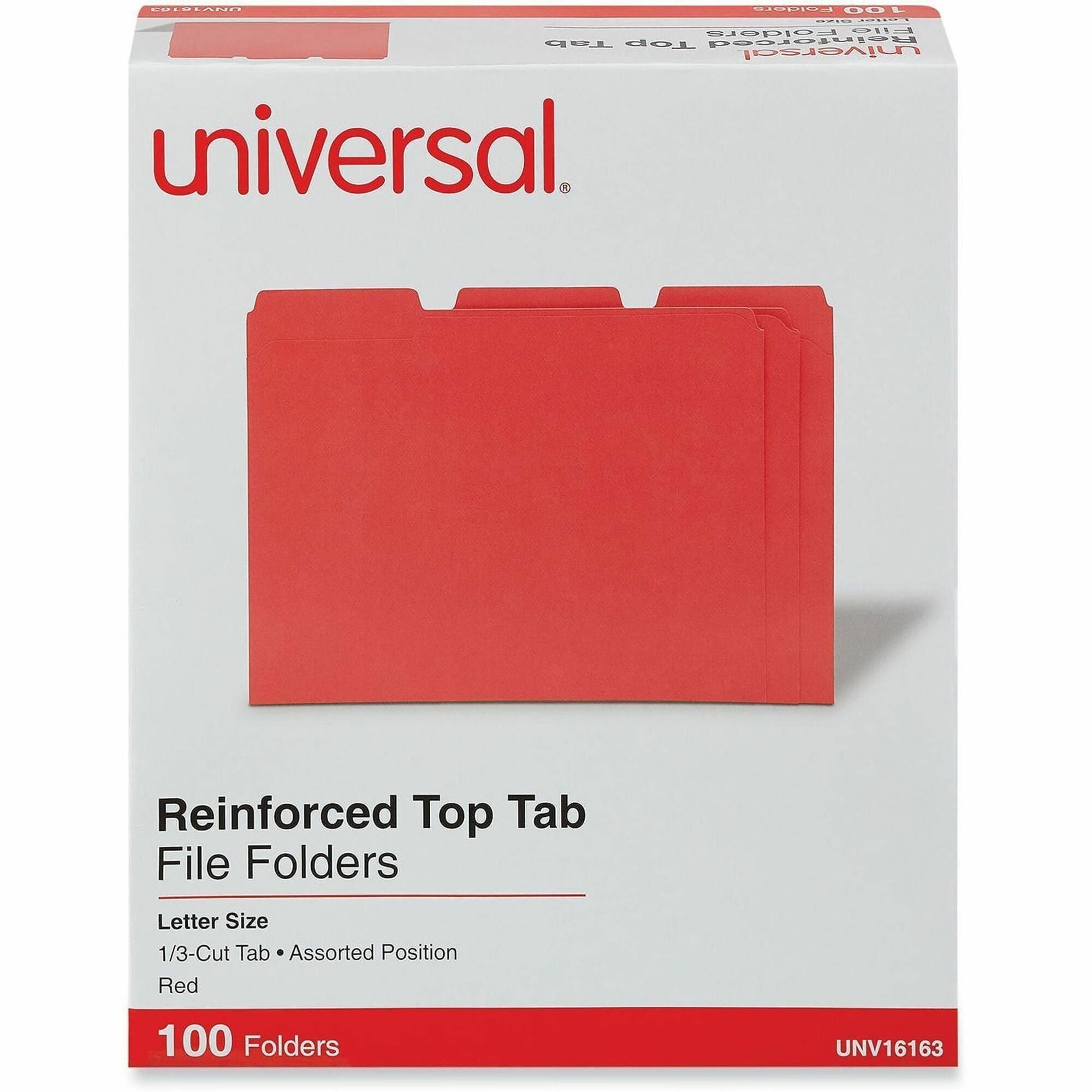 Reinforced Top-Tab File Folders, 1/3-Cut Tabs: Assorted, Letter Size, 1" Expansion, Red, 100/Box