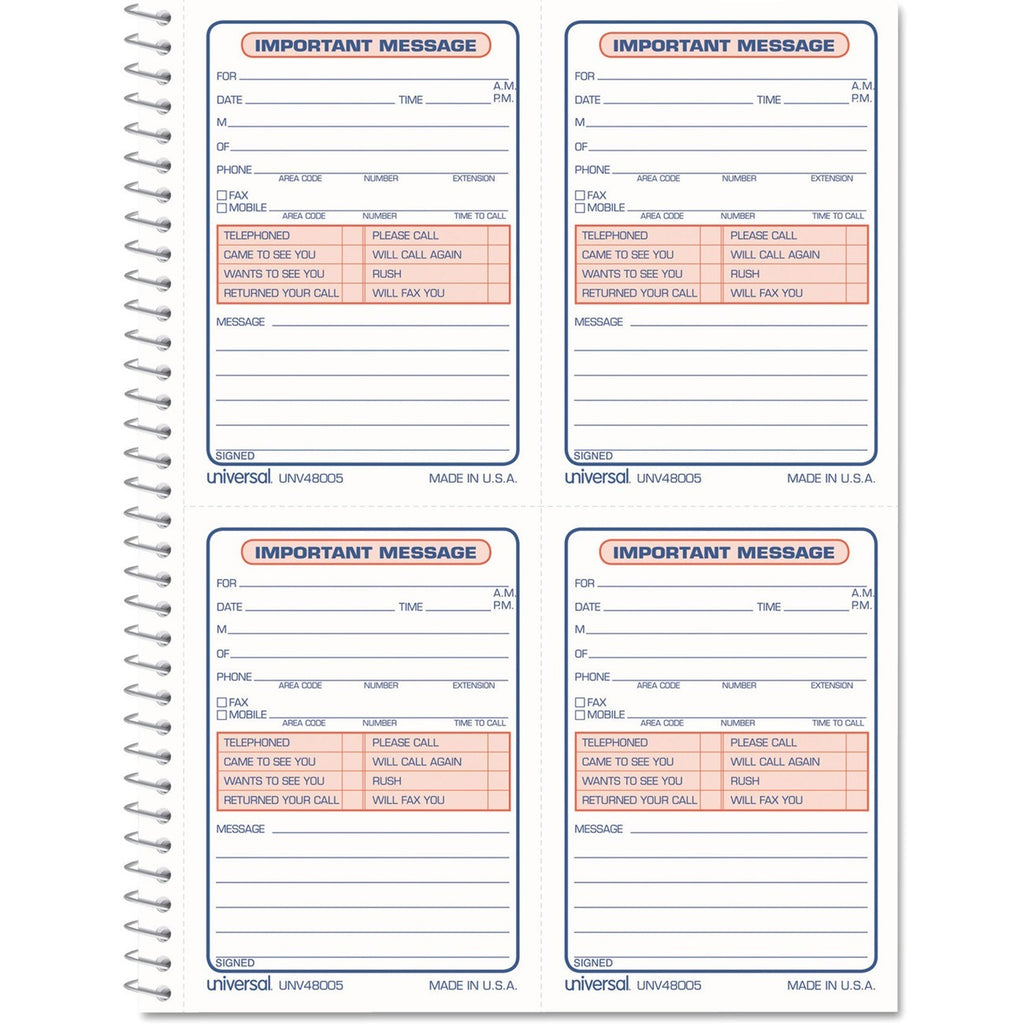 Wirebound Message Books, Two-Part Carbonless, 5.5 x 3.88, 4 Forms/Sheet, 200 Forms Total