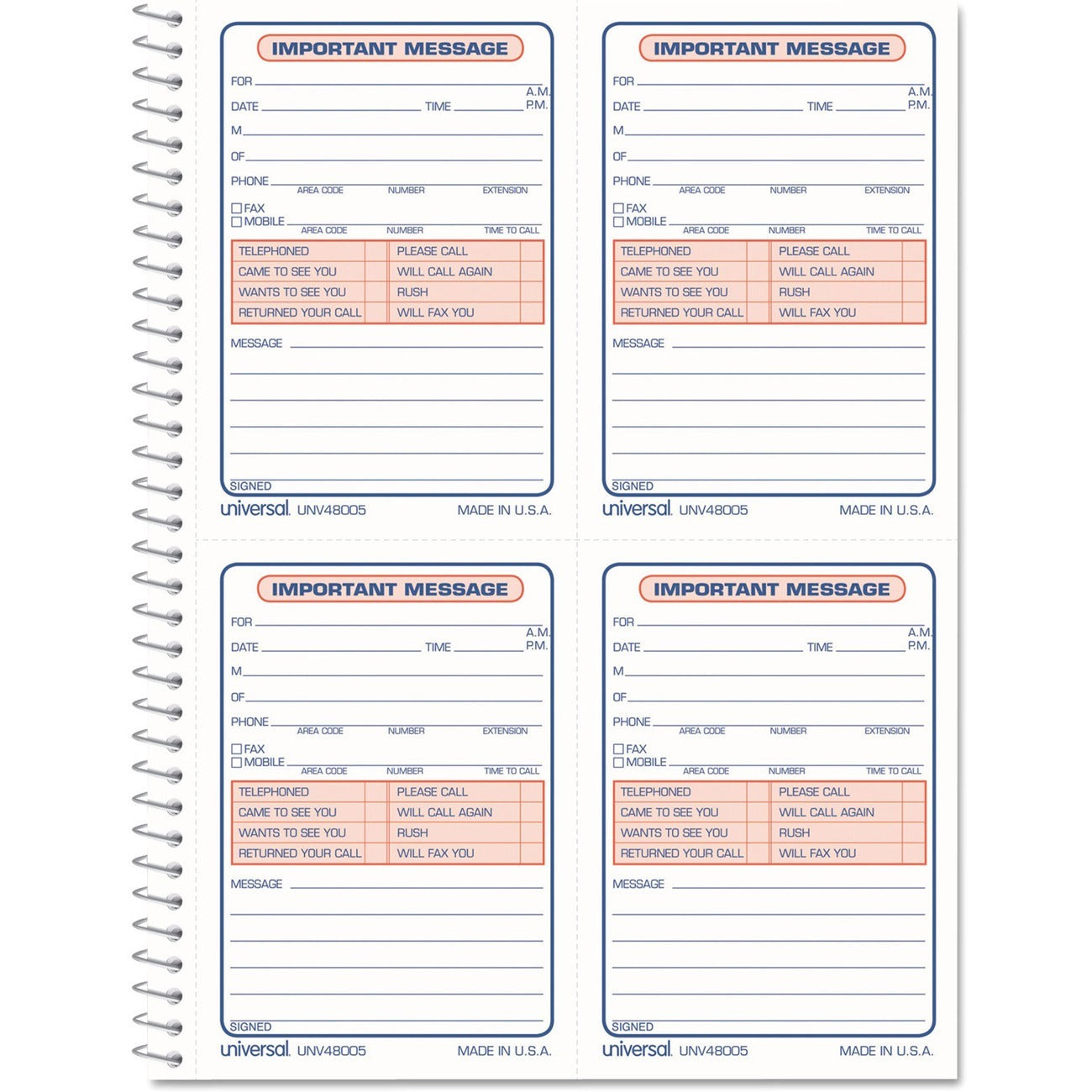 Wirebound Message Books, Two-Part Carbonless, 5.5 x 3.88, 4 Forms/Sheet, 200 Forms Total