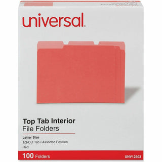 Interior File Folders, 1/3-Cut Tabs: Assorted, Letter Size, 11-pt Stock, Red, 100/Box