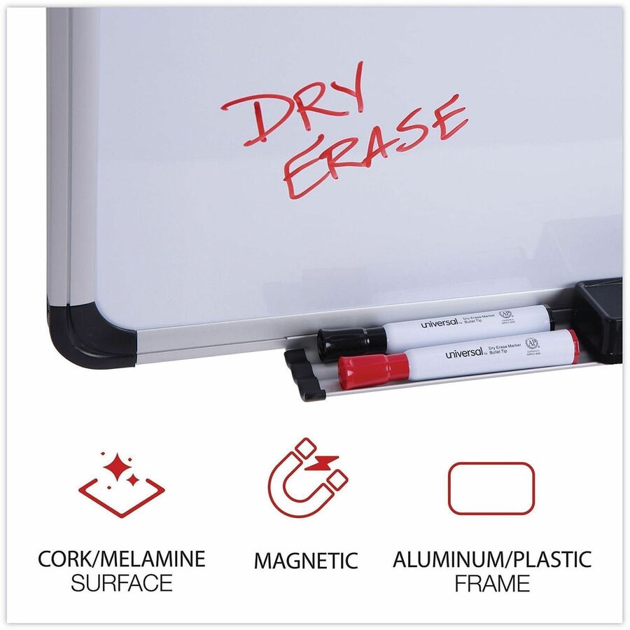 Cork/Dry Erase Board, Melamine, 36 x 24, Tan/White Surface, Gray/Black Aluminum/Plastic Frame