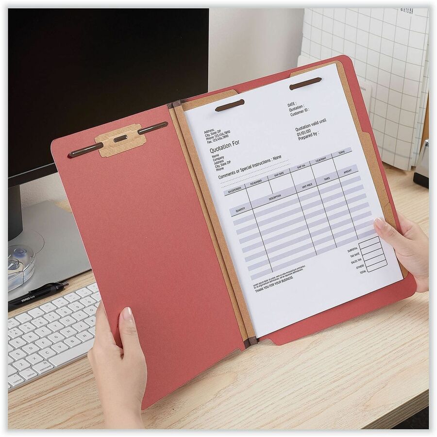 Deluxe Six-Section Pressboard End Tab Classification Folders, 2 Dividers, 6 Fasteners, Letter Size, Bright Red, 10/Box