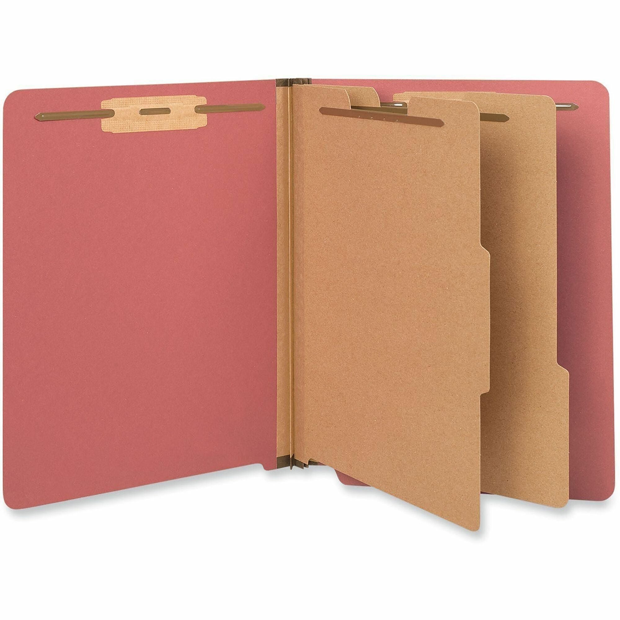 Deluxe Six-Section Pressboard End Tab Classification Folders, 2 Dividers, 6 Fasteners, Letter Size, Bright Red, 10/Box