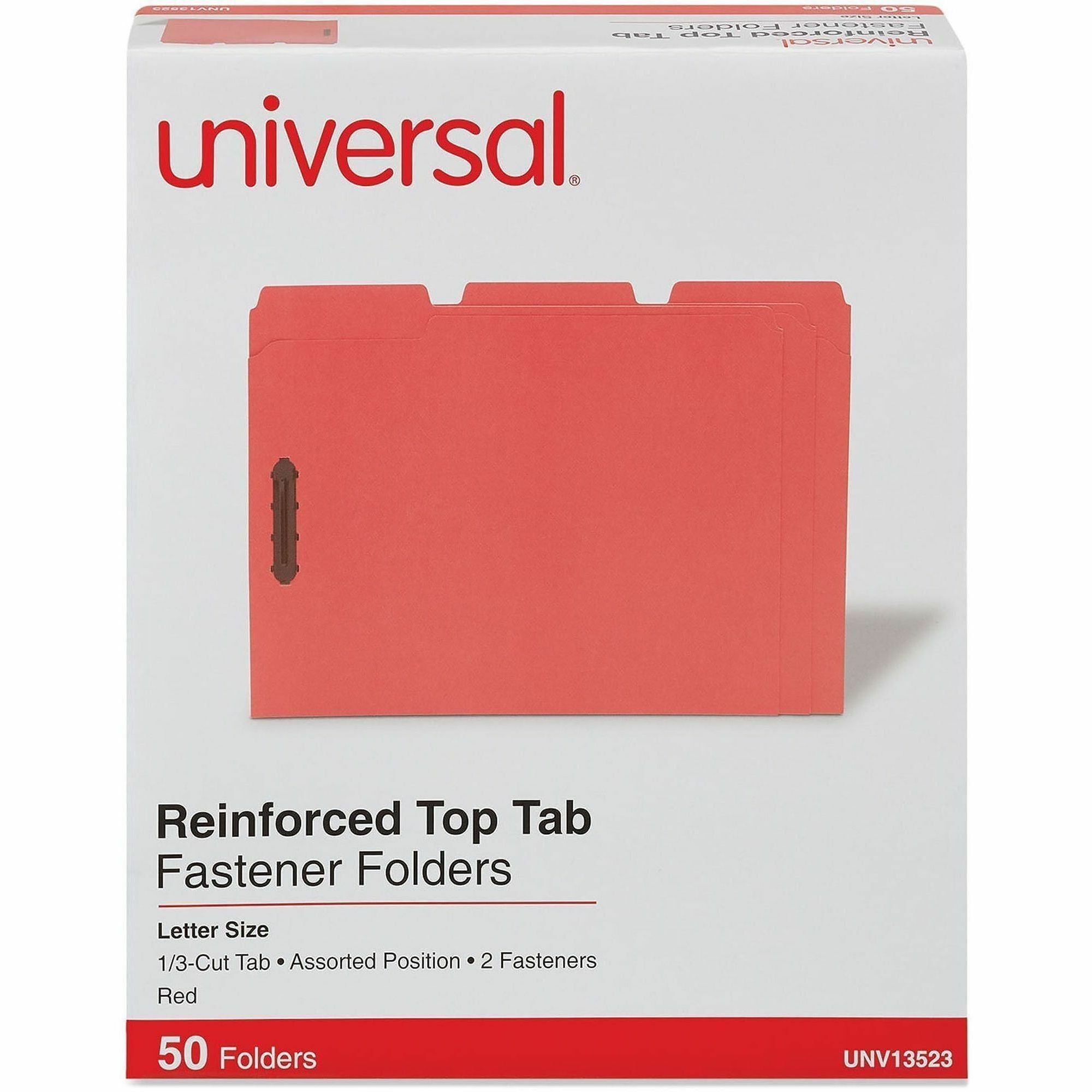 Deluxe Reinforced Top Tab Fastener Folders, 0.75" Expansion, 2 Fasteners, Letter Size, Red Exterior, 50/Box