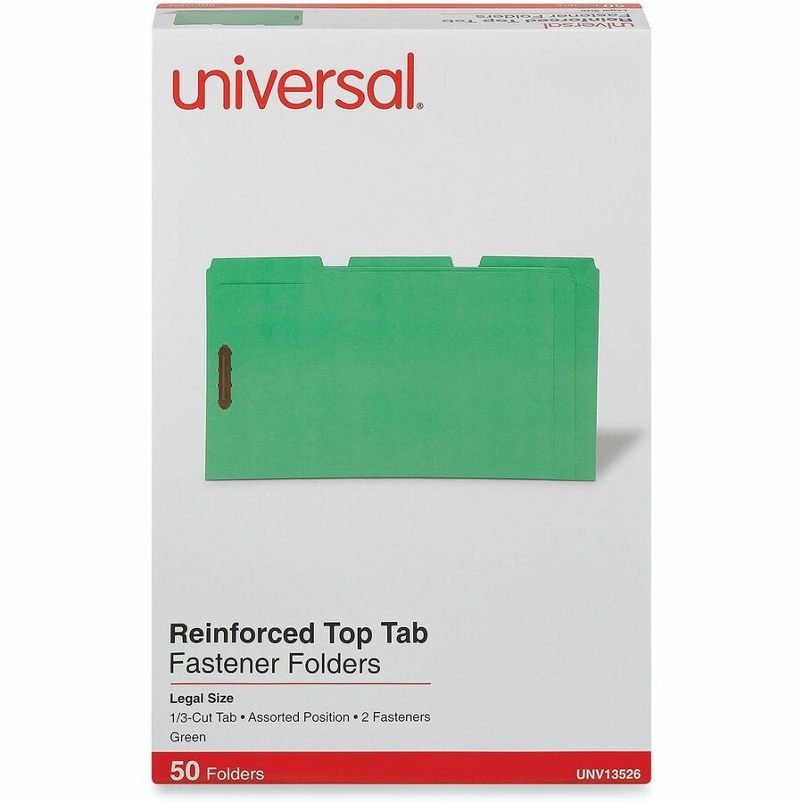 Deluxe Reinforced Top Tab Fastener Folders, 0.75" Expansion, 2 Fasteners, Legal Size, Green Exterior, 50/Box