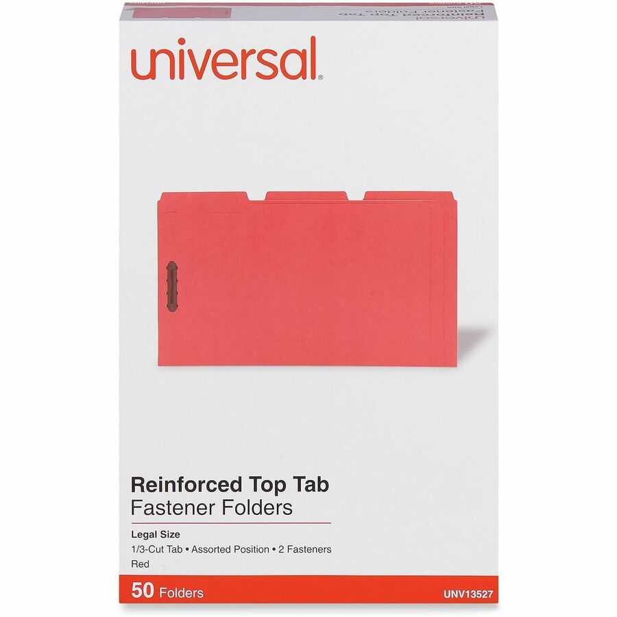 Deluxe Reinforced Top Tab Fastener Folders, 0.75" Expansion, 2 Fasteners, Legal Size, Red Exterior, 50/Box