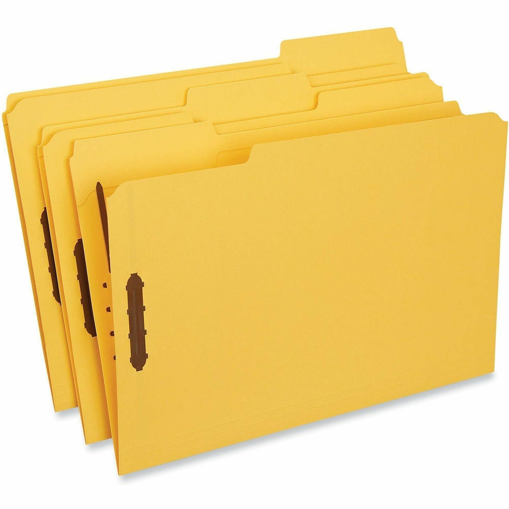 Deluxe Reinforced Top Tab Fastener Folders, 0.75" Expansion, 2 Fasteners, Legal Size, Yellow Exterior, 50/Box