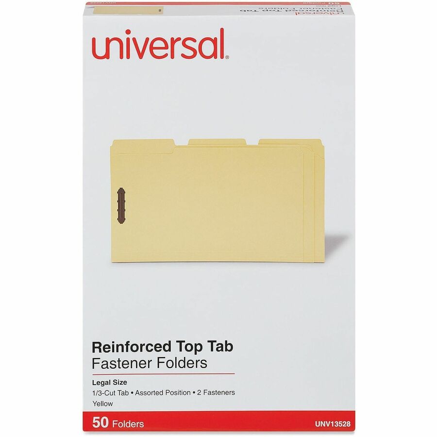 Deluxe Reinforced Top Tab Fastener Folders, 0.75" Expansion, 2 Fasteners, Legal Size, Yellow Exterior, 50/Box