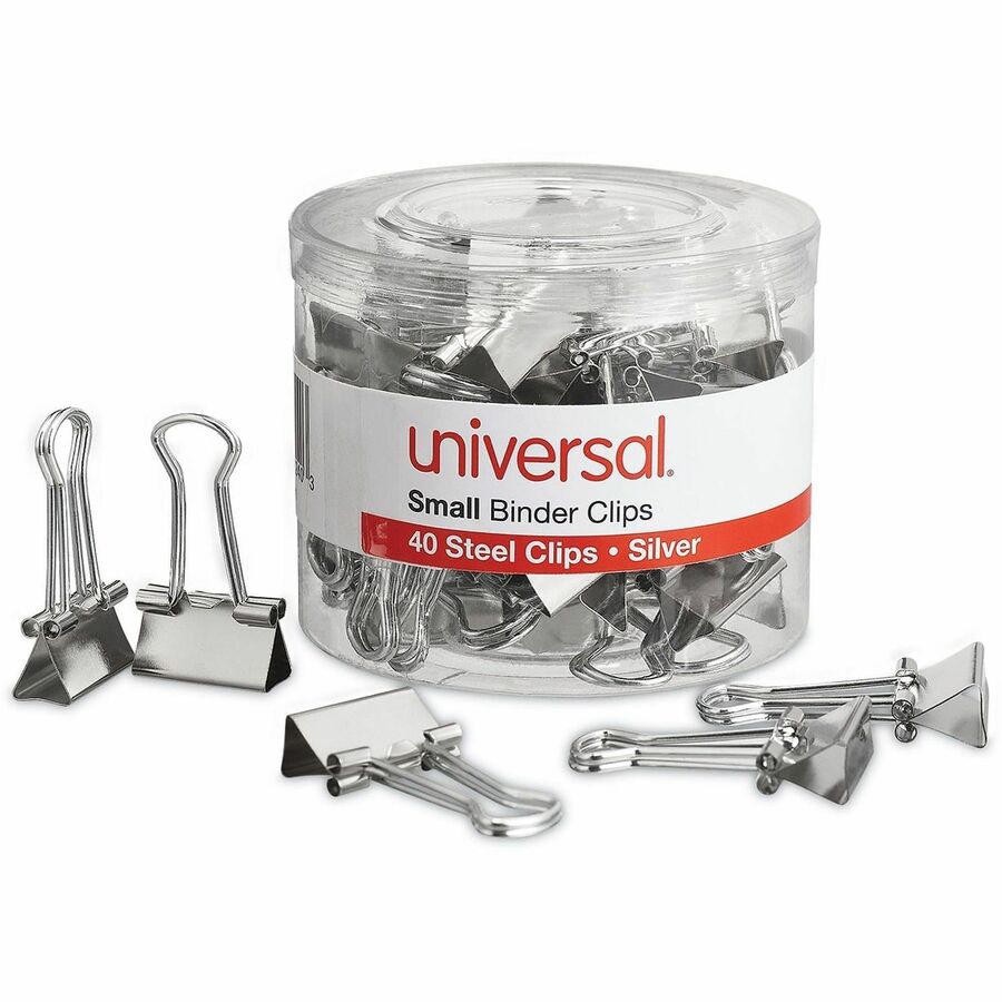 Binder Clips with Storage Tub, Small, Silver, 40/Pack