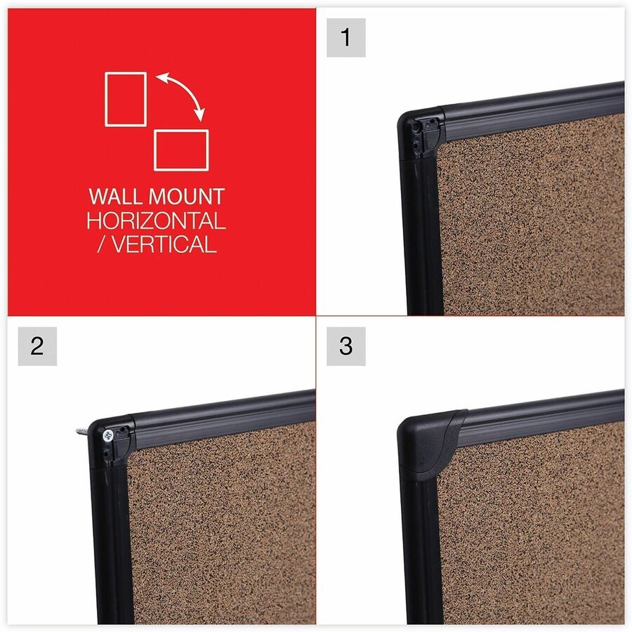 Tech Cork Board, 36 x 24, Brown Surface, Black Plastic Frame