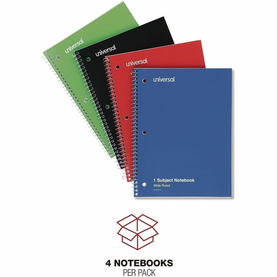 Wirebound Notebook, 1-Subject, Wide/Legal Rule, Assorted Cover Colors, (70) 10.5 x 8 Sheets, 4/Pack