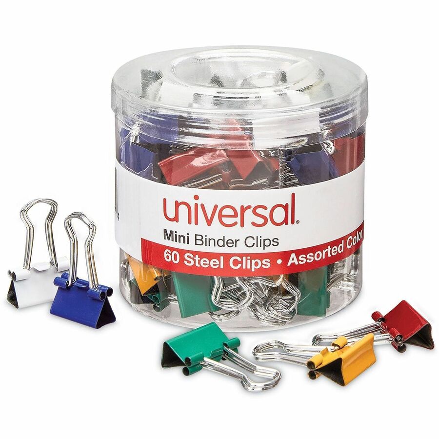 Binder Clips with Storage Tub, Mini, Assorted Colors, 60/Pack