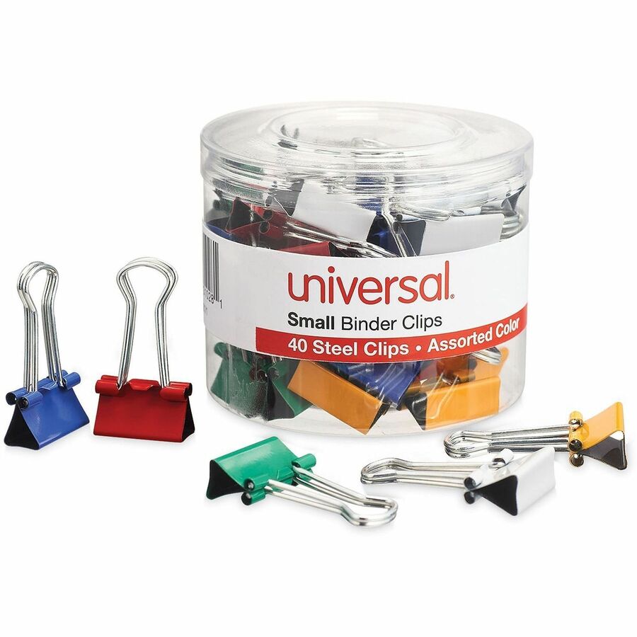 Binder Clips with Storage Tub, Small, Assorted Colors, 40/Pack