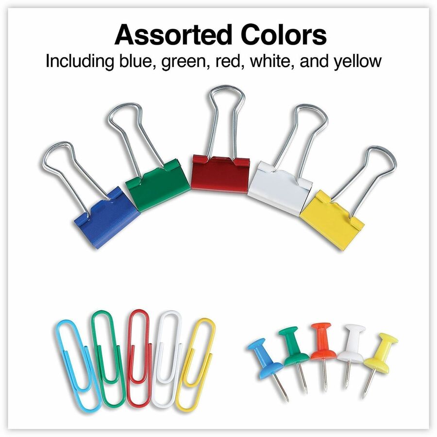 Combo Clip Pack with 3-Tier Organizer Tub, (380) Small Paper Clips, (280) Push Pins, (46) Small Binder Clips, Assorted Colors
