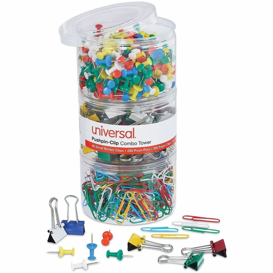 Combo Clip Pack with 3-Tier Organizer Tub, (380) Small Paper Clips, (280) Push Pins, (46) Small Binder Clips, Assorted Colors