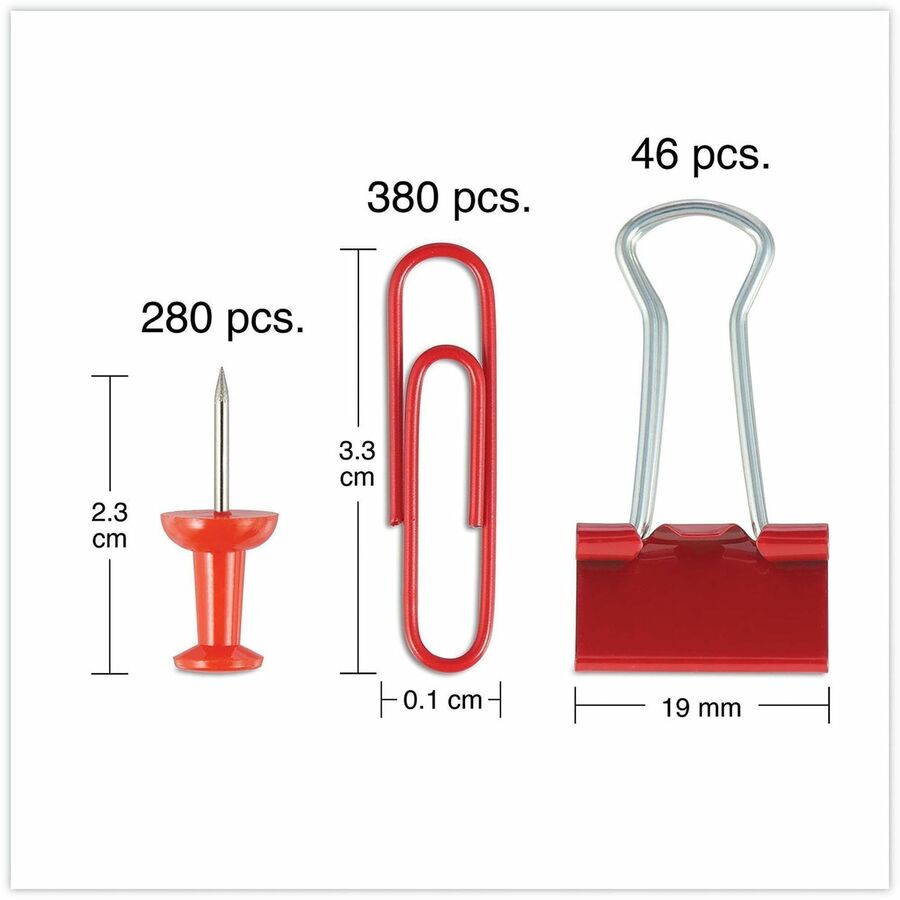 Combo Clip Pack with 3-Tier Organizer Tub, (380) Small Paper Clips, (280) Push Pins, (46) Small Binder Clips, Assorted Colors