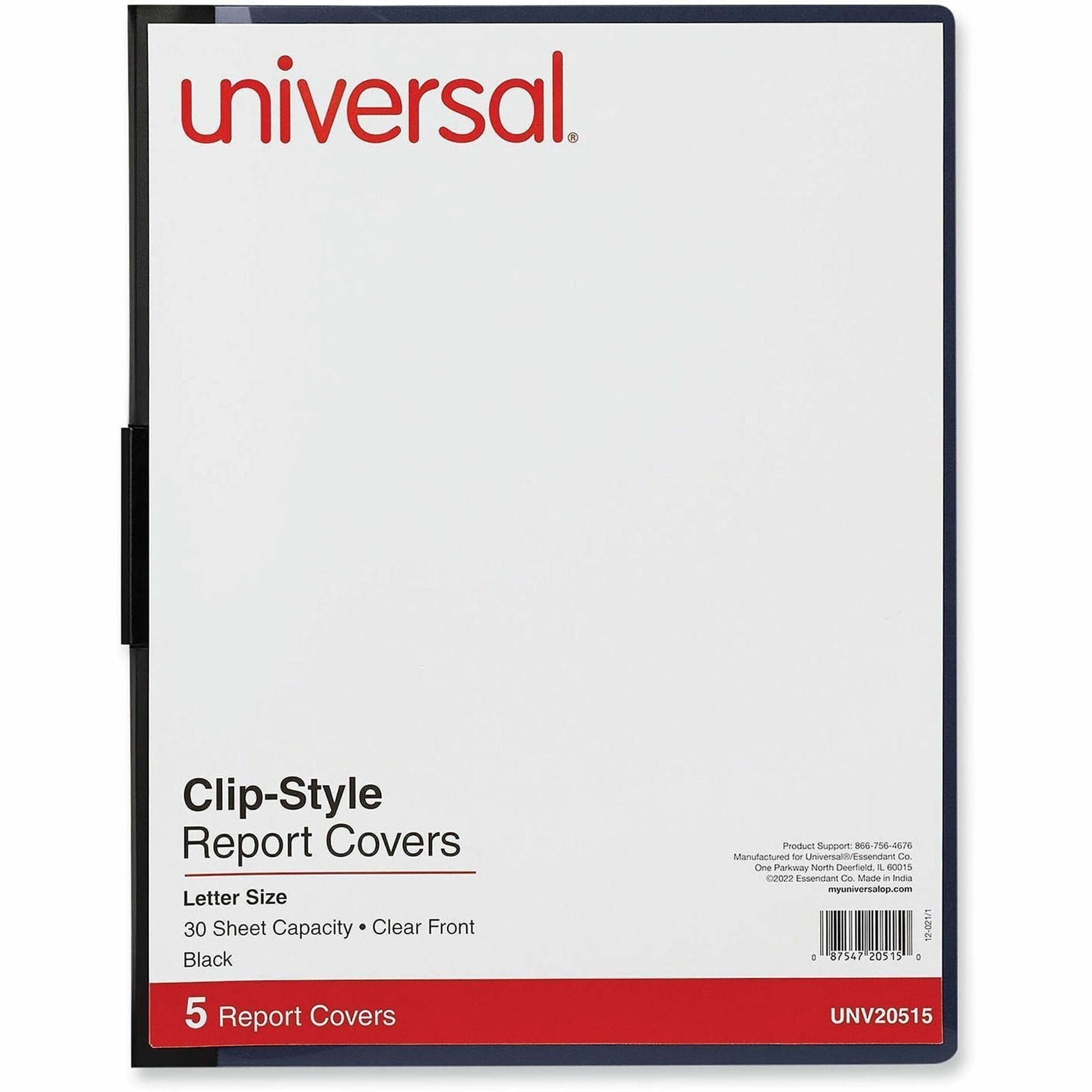 Clip-Style Report Cover, Clip Fastener, 8.5 x 11, Clear/Black, 5/Pack