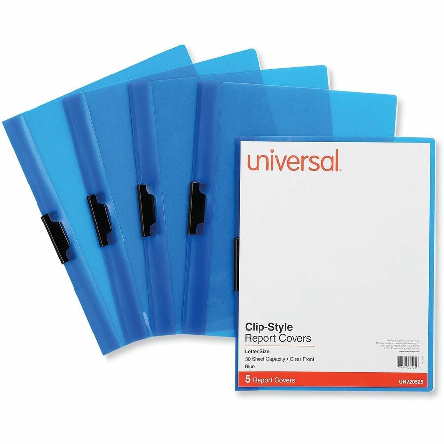 Clip-Style Report Cover, Clip Fastener, 8.5 x 11, Clear/Blue, 5/Pack