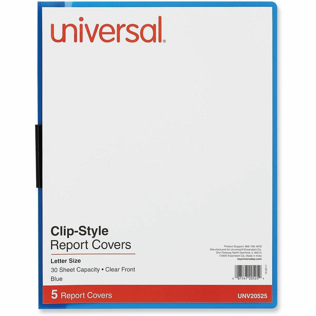 Clip-Style Report Cover, Clip Fastener, 8.5 x 11, Clear/Blue, 5/Pack
