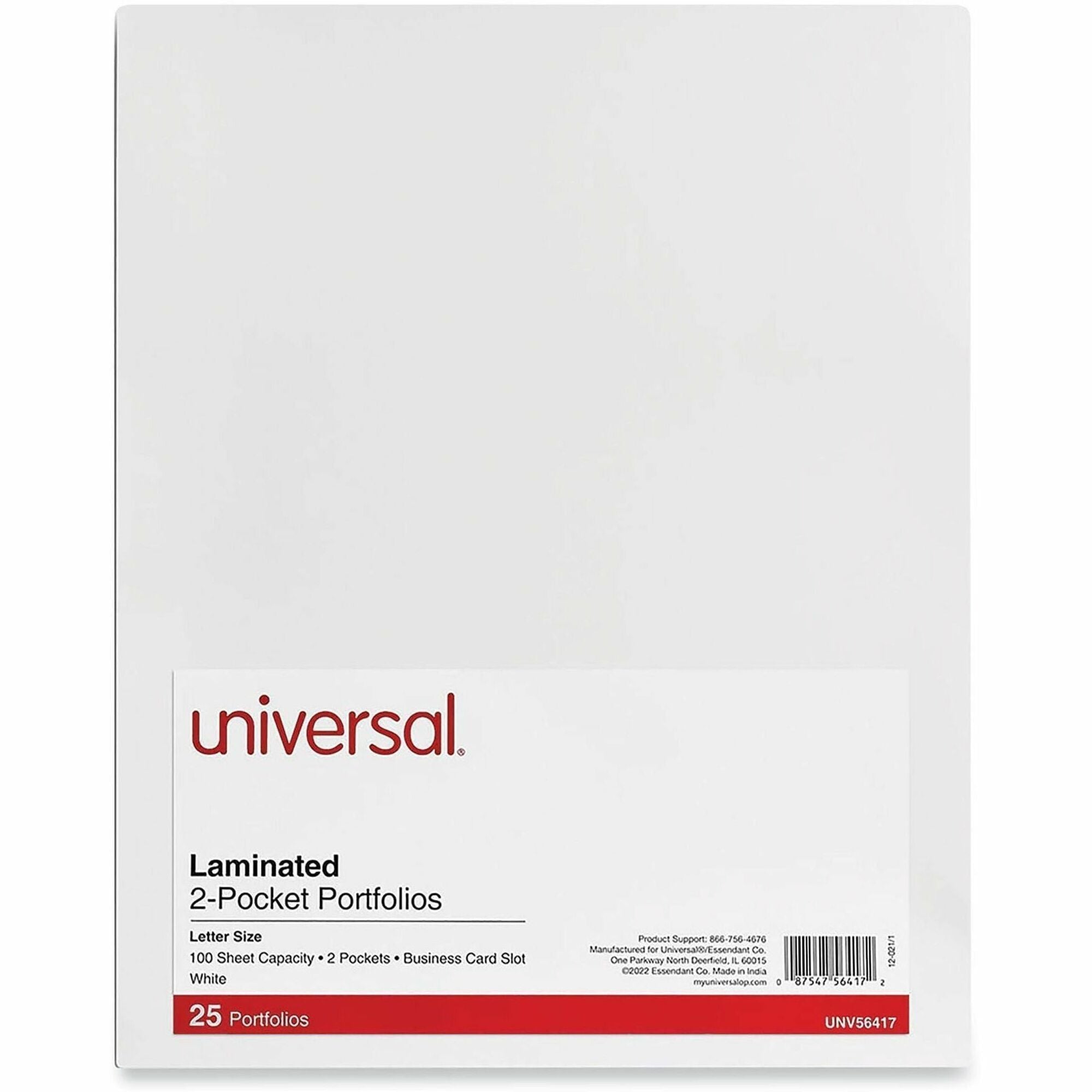 Laminated Two-Pocket Portfolios, Cardboard Paper, 100-Sheet Capacity, 11 x 8.5, White, 25/Box