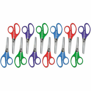 Kids' Scissors, Rounded Tip, 5" Long, 1.75" Cut Length, Assorted Straight Handles, 12/Pack