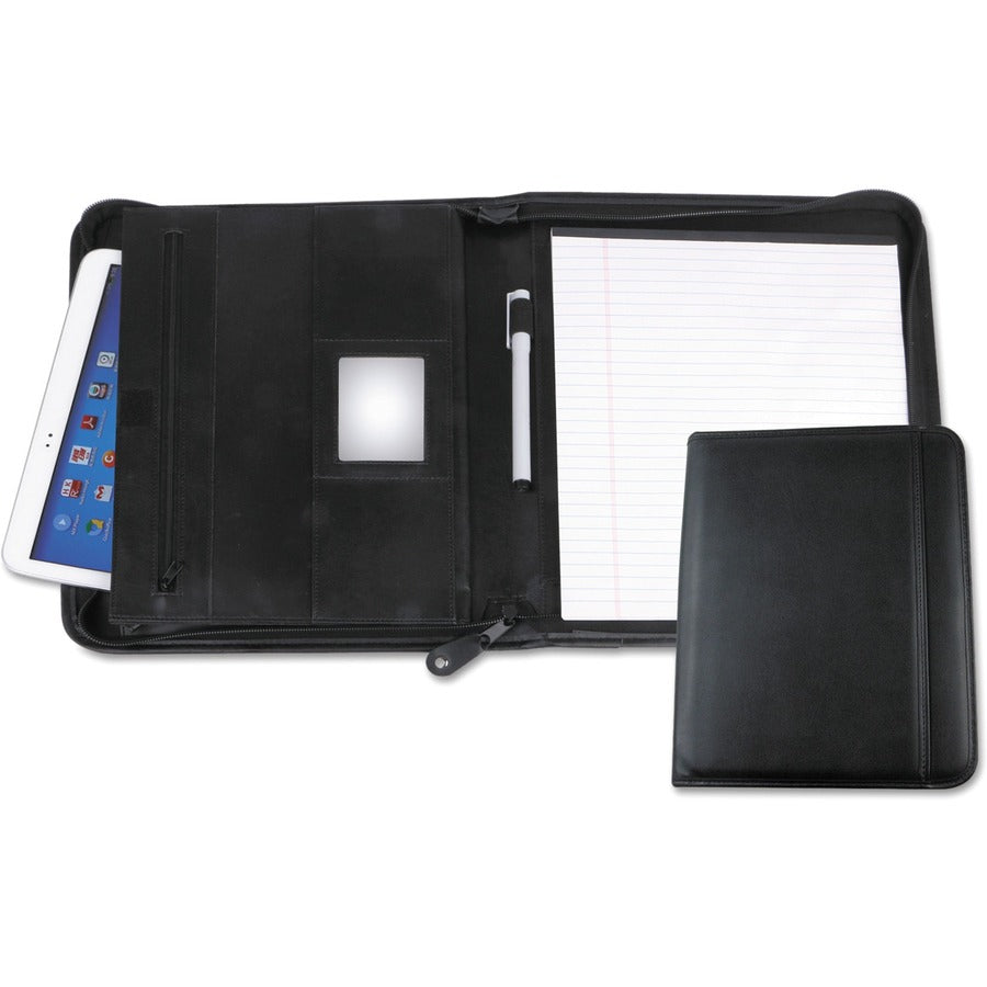 Leather Textured Zippered PadFolio with Tablet Pocket, 10 3/4 x 13 1/8, Black