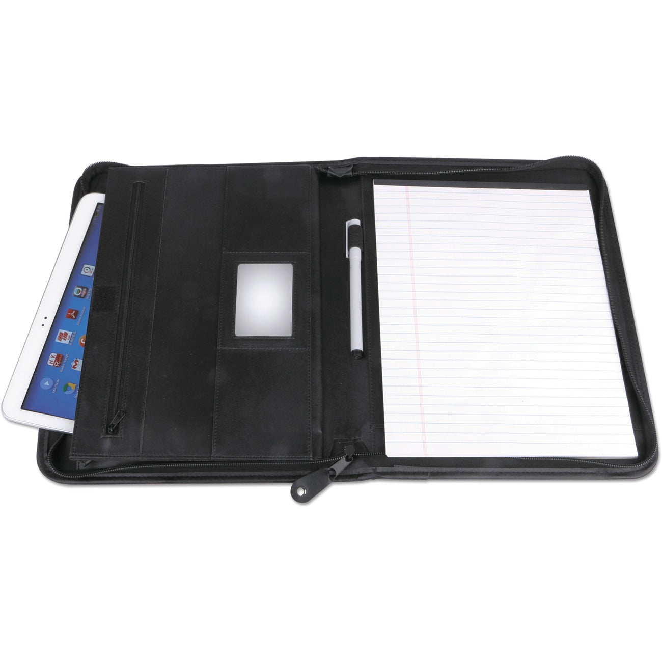 Leather Textured Zippered PadFolio with Tablet Pocket, 10 3/4 x 13 1/8, Black