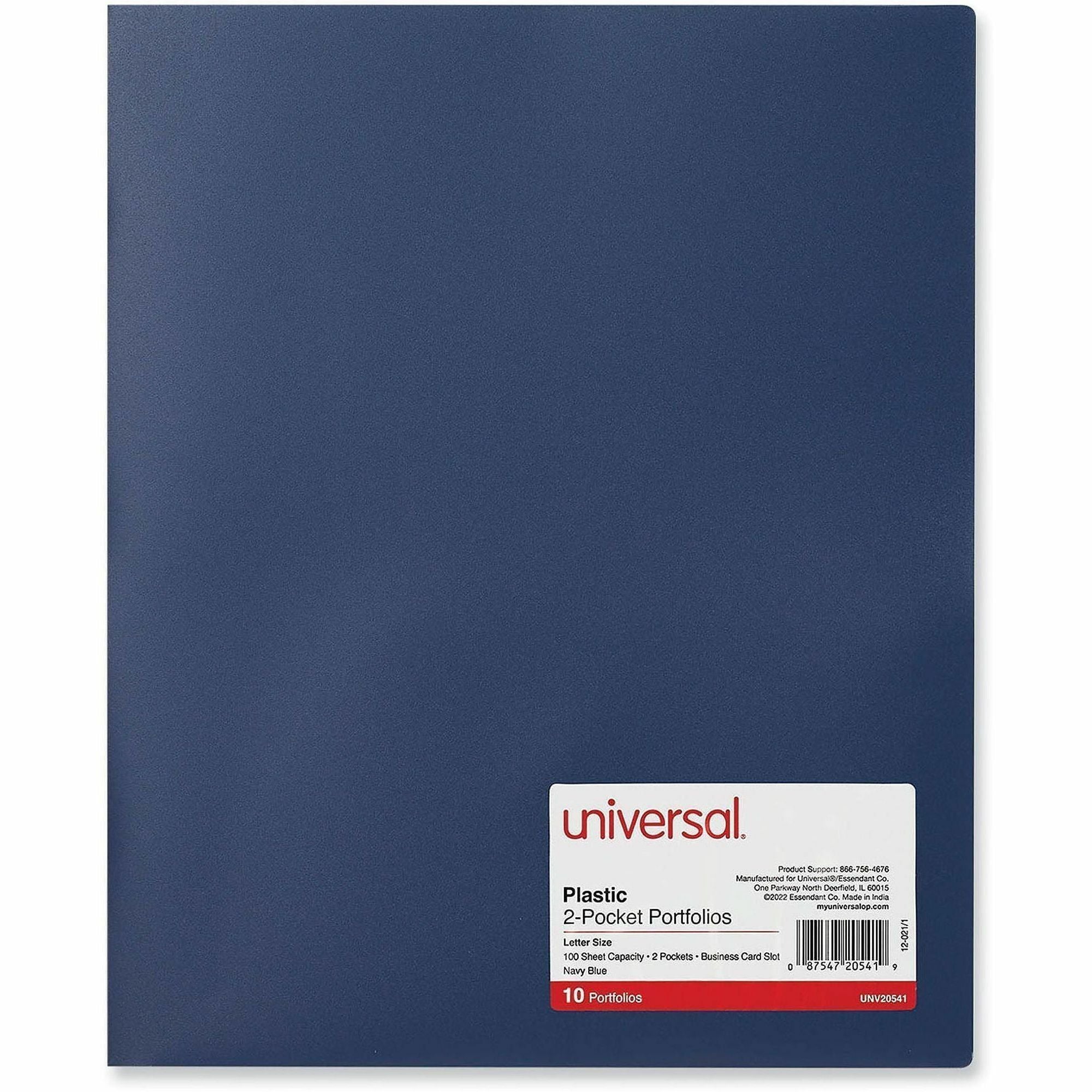 Two-Pocket Plastic Folders, 100-Sheet Capacity, 11 x 8.5, Navy Blue, 10/Pack