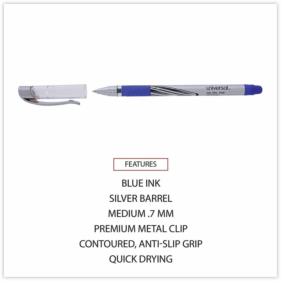 Gel Pen, Stick, Medium 0.7 mm, Blue Ink, Silver/Blue Barrel, Dozen