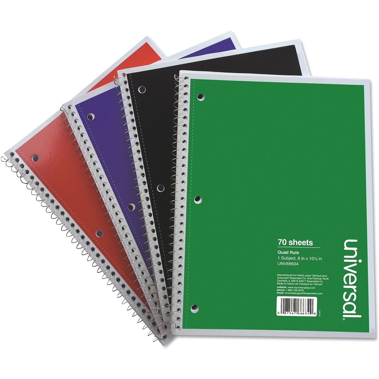 Wirebound Notebook, 1-Subject, Quadrille Rule (4 sq/in), Assorted Cover Colors, (70) 10.5 x 8 Sheets, 4/Pack