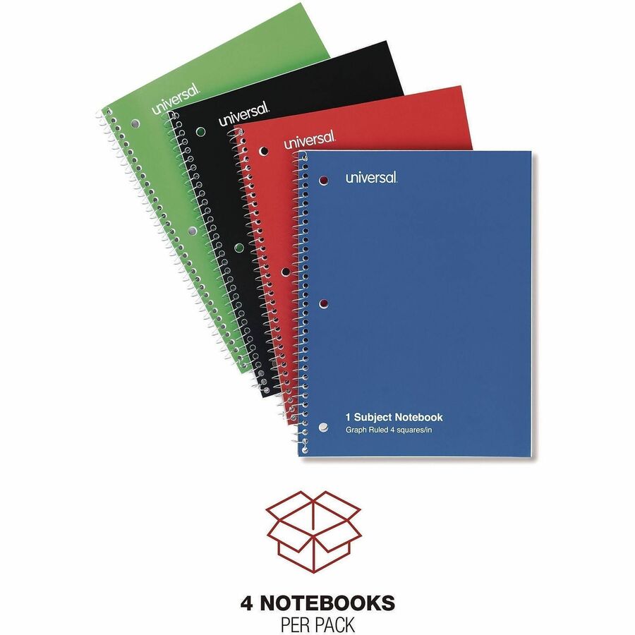 Wirebound Notebook, 1-Subject, Quadrille Rule (4 sq/in), Assorted Cover Colors, (70) 10.5 x 8 Sheets, 4/Pack