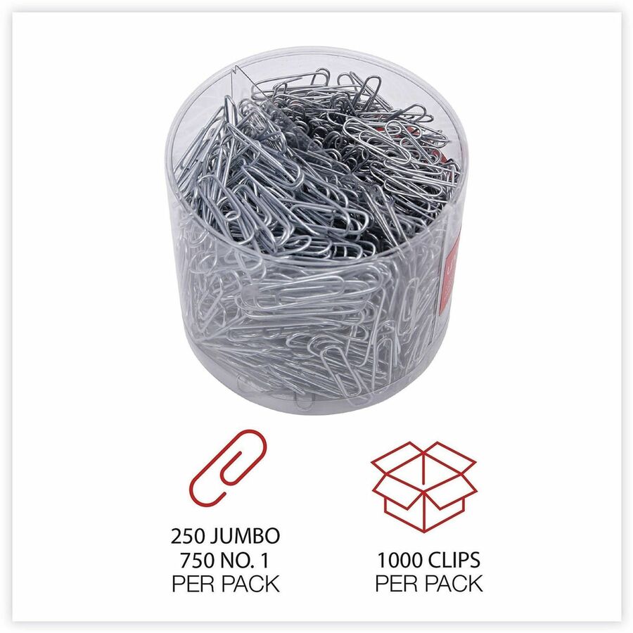 Plastic-Coated Paper Clips with Two-Compartment Dispenser Tub, (750) #2 Clips, (250) Jumbo Clips, Silver