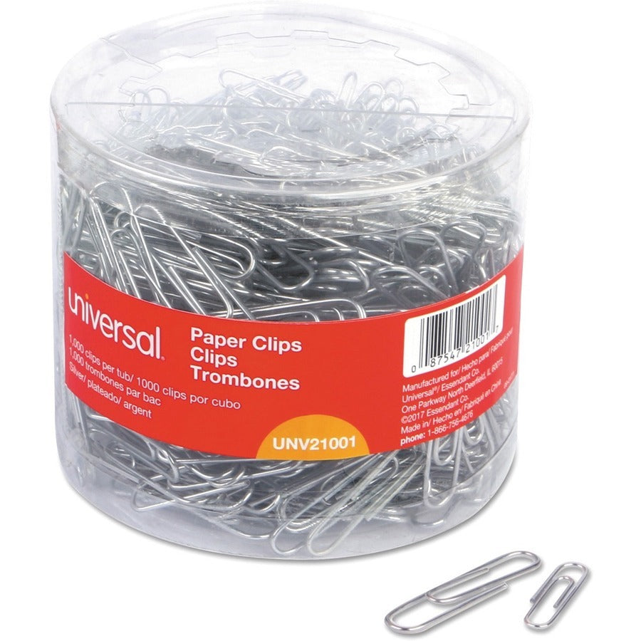 Plastic-Coated Paper Clips with Two-Compartment Dispenser Tub, (750) #2 Clips, (250) Jumbo Clips, Silver
