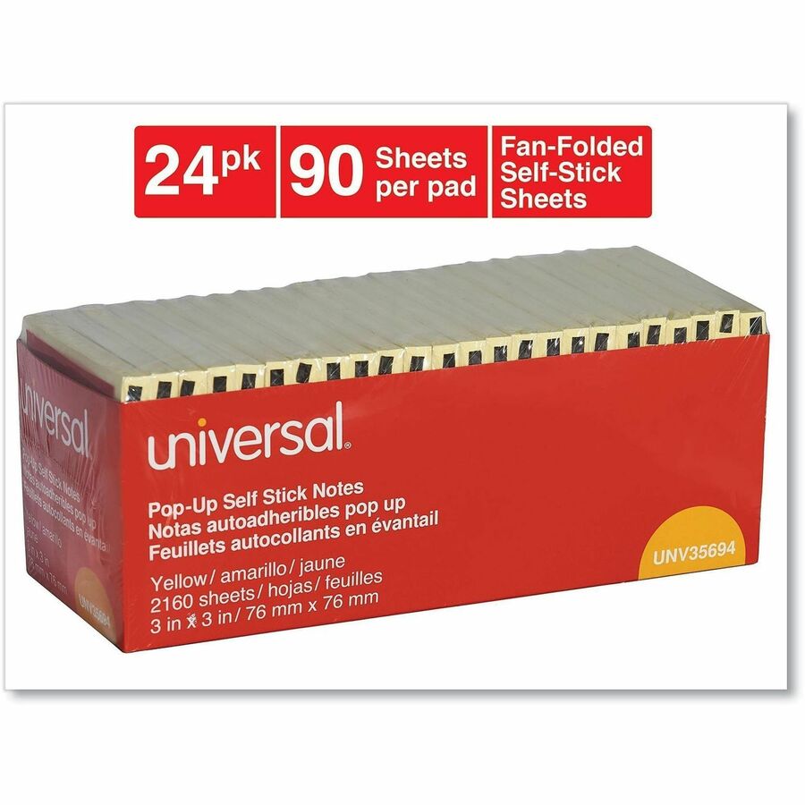 Fan-Folded Self-Stick Pop-Up Note Pads Cabinet Pack, 3" x 3", Yellow, 90 Sheets/Pad, 24 Pads/Pack