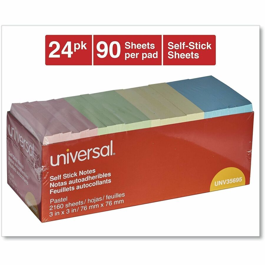 Self-Stick Note Pad Cabinet Pack, 3" x 3", Assorted Pastel Colors, 90 Sheets/Pad, 24 Pads/Pack