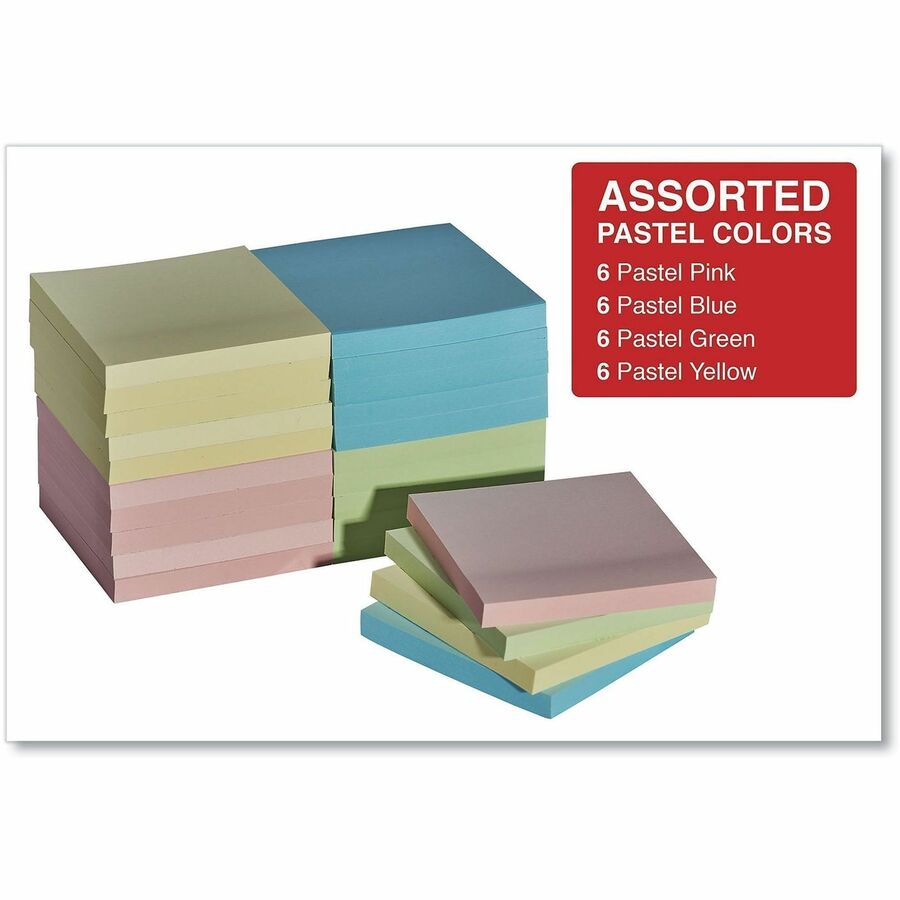 Self-Stick Note Pad Cabinet Pack, 3" x 3", Assorted Pastel Colors, 90 Sheets/Pad, 24 Pads/Pack