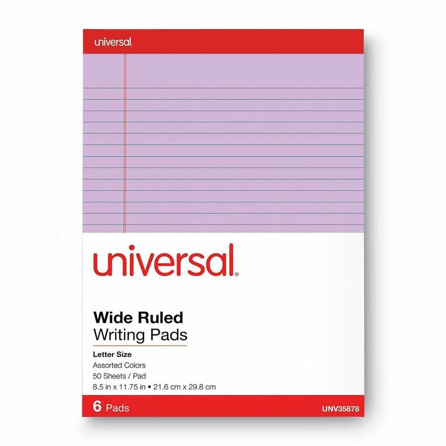 Colored Perforated Ruled Writing Pads, Wide/Legal Rule, 50 Assorted Color 8.5 x 11.75 Sheets, 6/Pack