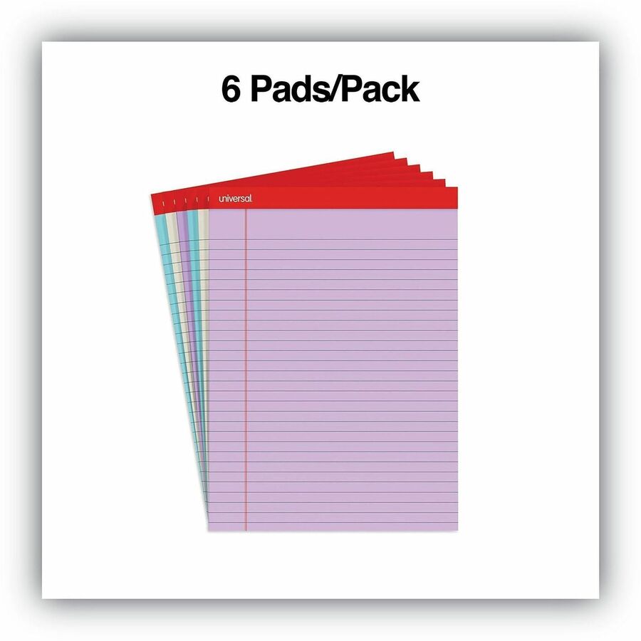 Colored Perforated Ruled Writing Pads, Wide/Legal Rule, 50 Assorted Color 8.5 x 11.75 Sheets, 6/Pack